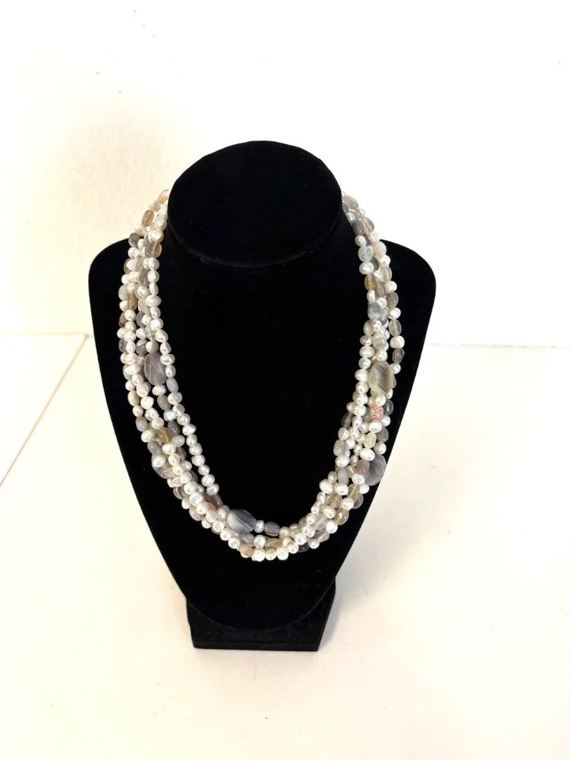 Multi-Strand Pearl and Agate Necklace